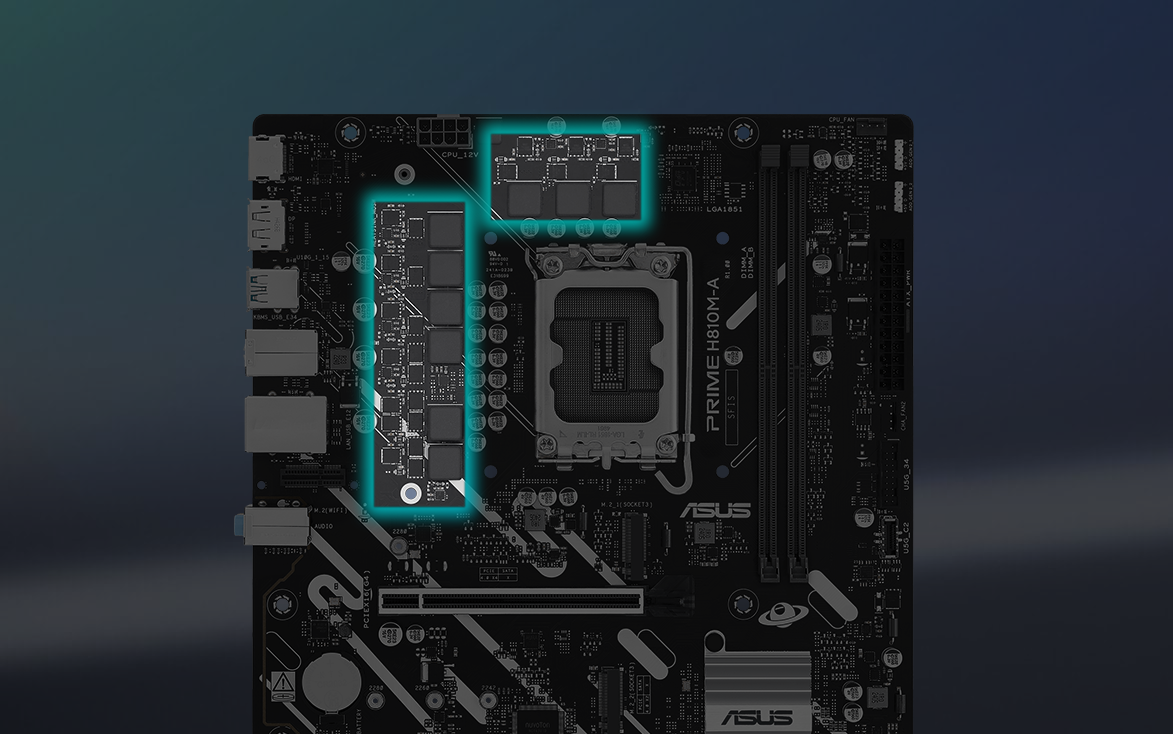 Angled top-down view of PRIME H810M-A motherboard.
