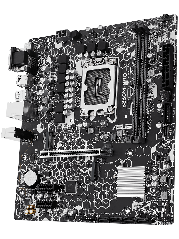 B860M-BRO motherboard front view, floating in space.