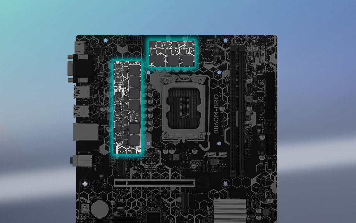 Angled top-down view of B860M-BRO motherboard. 