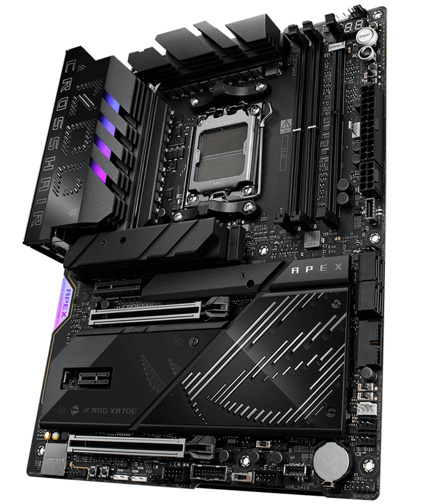 The ROG Crosshair X870E Apex left sided angle