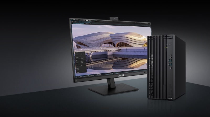 ExpertCenter D900 Mini Tower (D900MF) 放在照片右侧，连接一台显示器，屏幕上呈现建筑设计的软件画面。