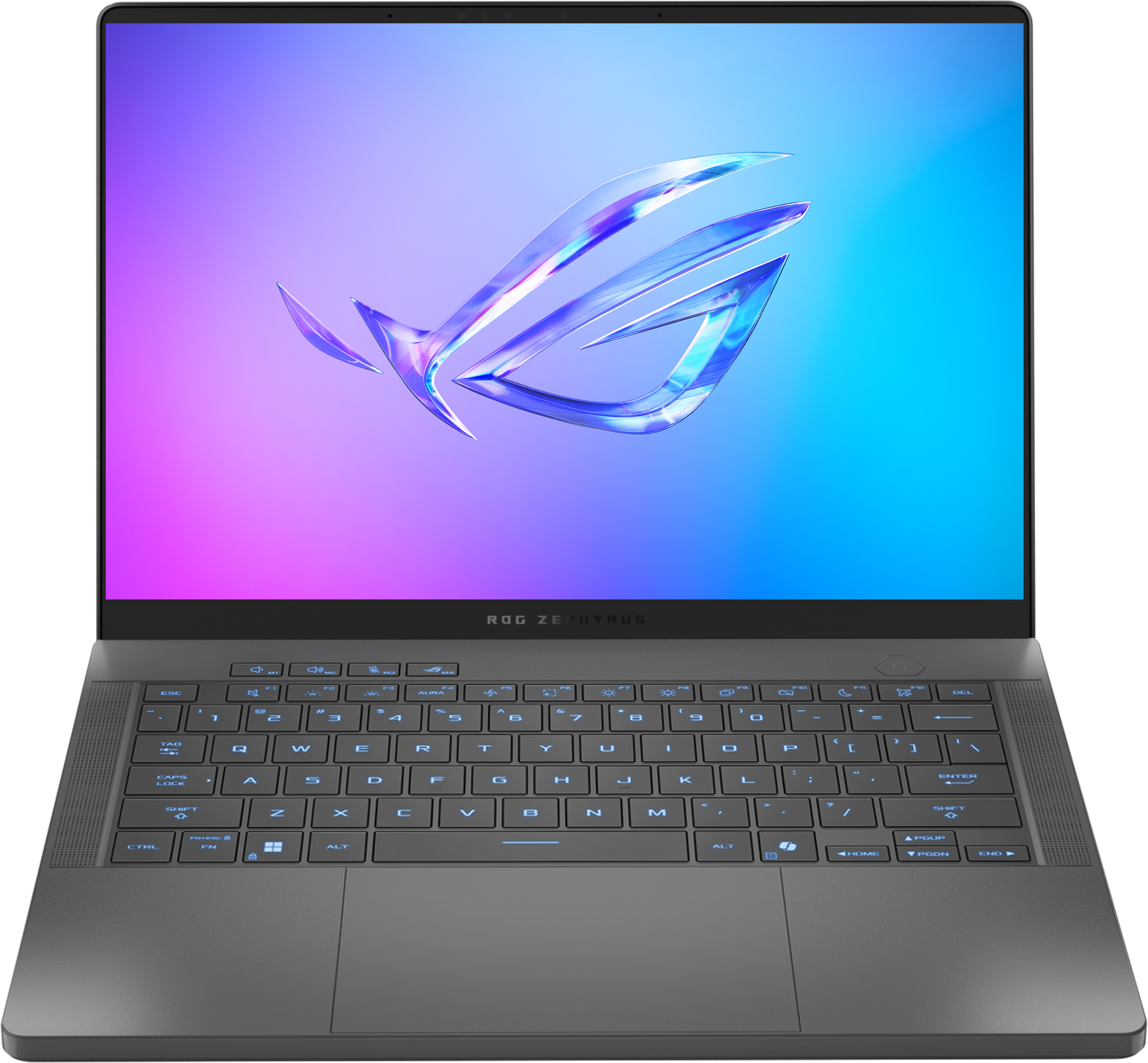 An Eclipse Grey Zephyrus G14, with a 3D cutaway on the speaker section and large simulated soundwaves coming from the speakers.