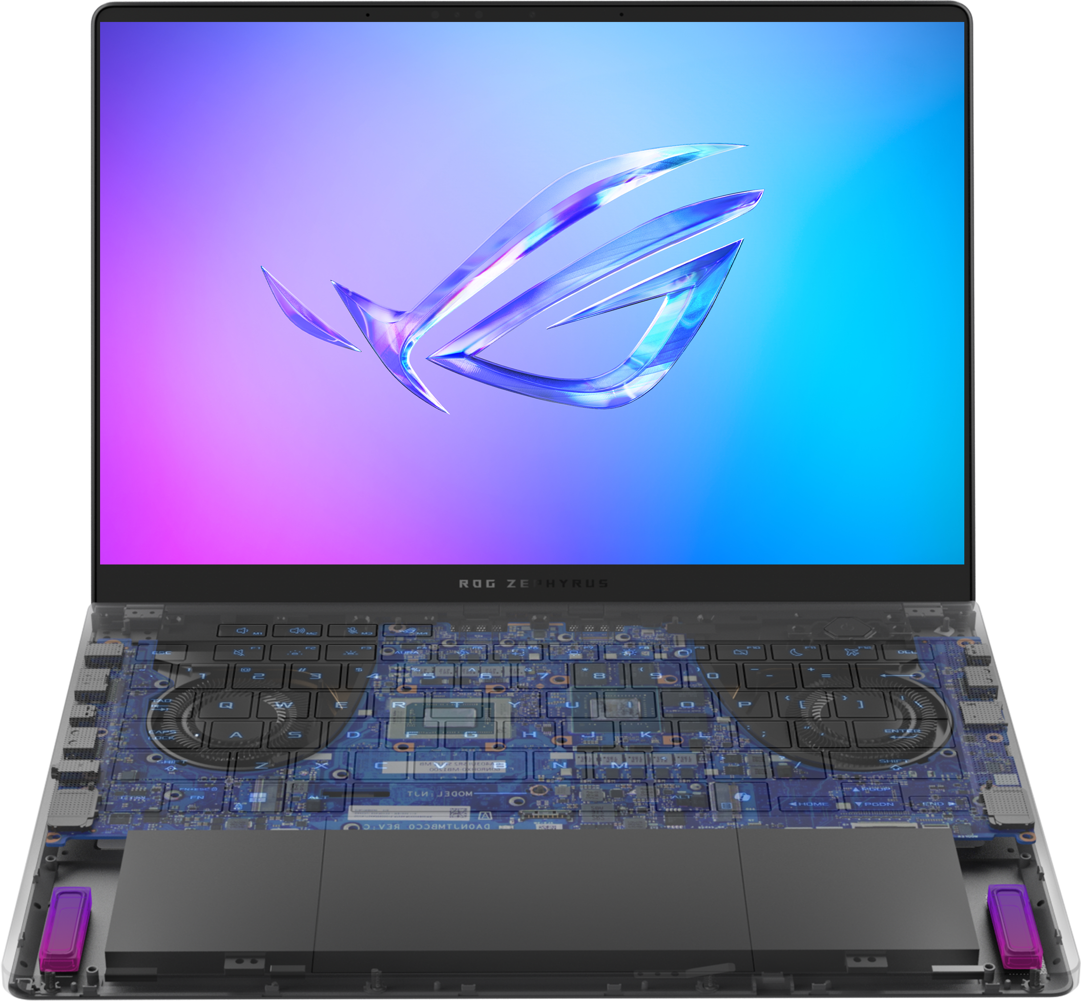 An Eclipse Grey Zephyrus G14, with a 3D cutaway on the speaker section and large simulated soundwaves coming from the speakers.