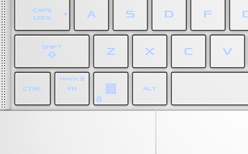 An extreme close up of a Platinum White Zephyrus G14’s keyboard.