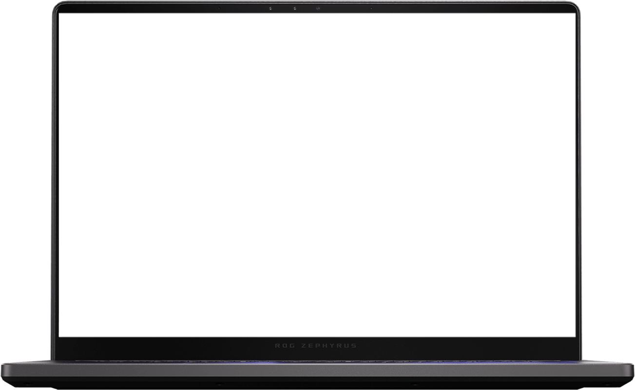 An Eclipse Grey Zephyrus G14 with a simulated colored dust explosion both on screen and behind the laptop.