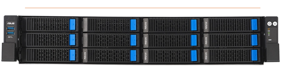 服务器的前面板布局带有 4 个 3.5 英寸硬盘位，支持 NVMe、SATA 和 SAS（SAS 需要可选的 RAID 卡），以及电源/定位按钮、LED 指示灯和 2 个 USB 3.2 Gen1 接口。