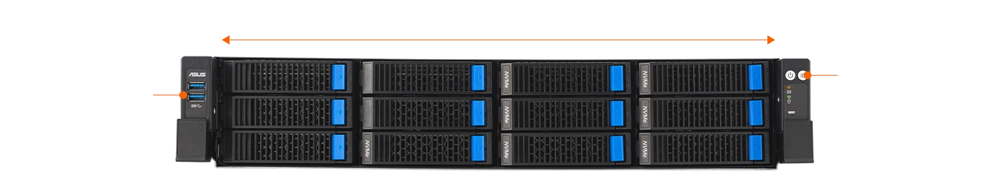 服务器的前面板布局带有 4 个 3.5 英寸硬盘位，支持 NVMe、SATA 和 SAS（SAS 需要可选的 RAID 卡），以及电源/定位按钮、LED 指示灯和 2 个 USB 3.2 Gen1 接口。