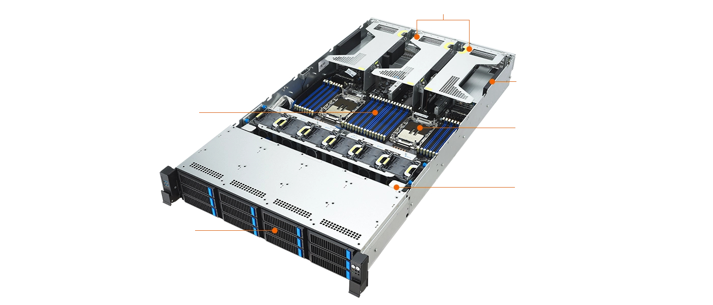 服务器机箱的内部视图，显示 CPU 插槽、RAM 插槽和 PCIe 插槽等组件的布局