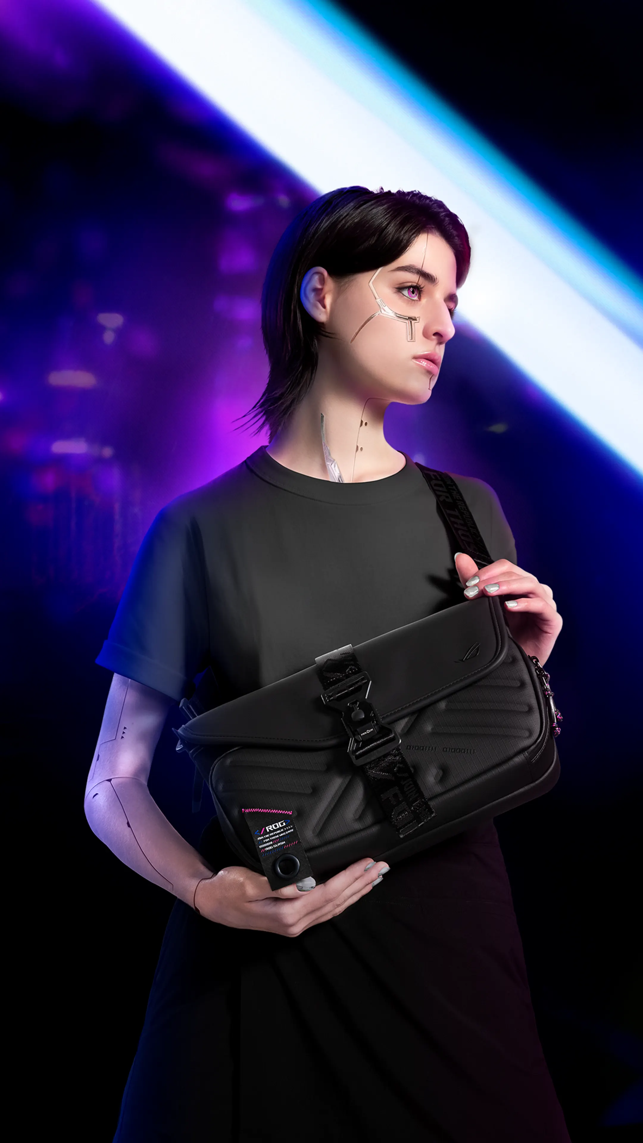a woman wearing a ROG SLASH Sling Bag 4.0