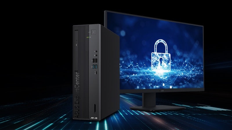 图片中ExpertCenter D700 SFF (D700SF) 在左侧, 右侧有一台屏幕, 画面中为一个锁头的图片