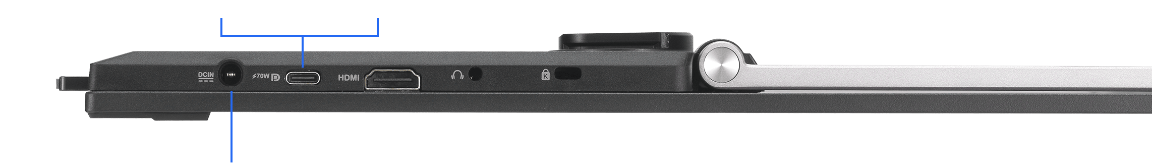 I/O 接口包括一個 USB-C 接口 (提供 60 瓦功率)、一個 HDMI? 接口和一個耳機插孔