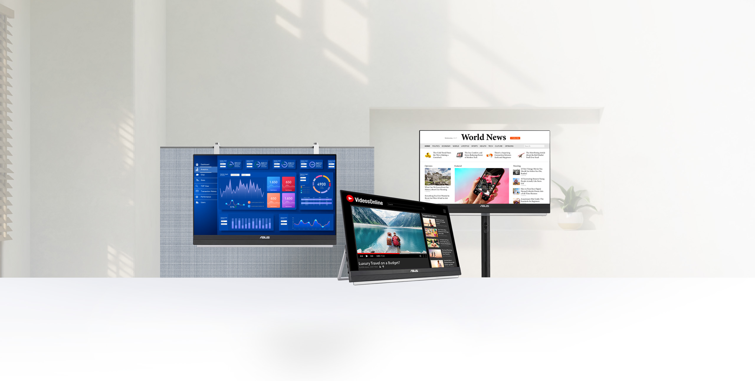 ZenScreen MB27ACF 有三種設置方式：隔板安裝、支架模式和使用 C 型夾臂安裝