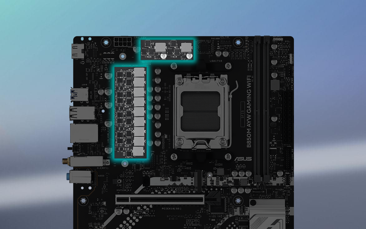 Angled top-down view of B850M AYW GAMING WIFI motherboard. 