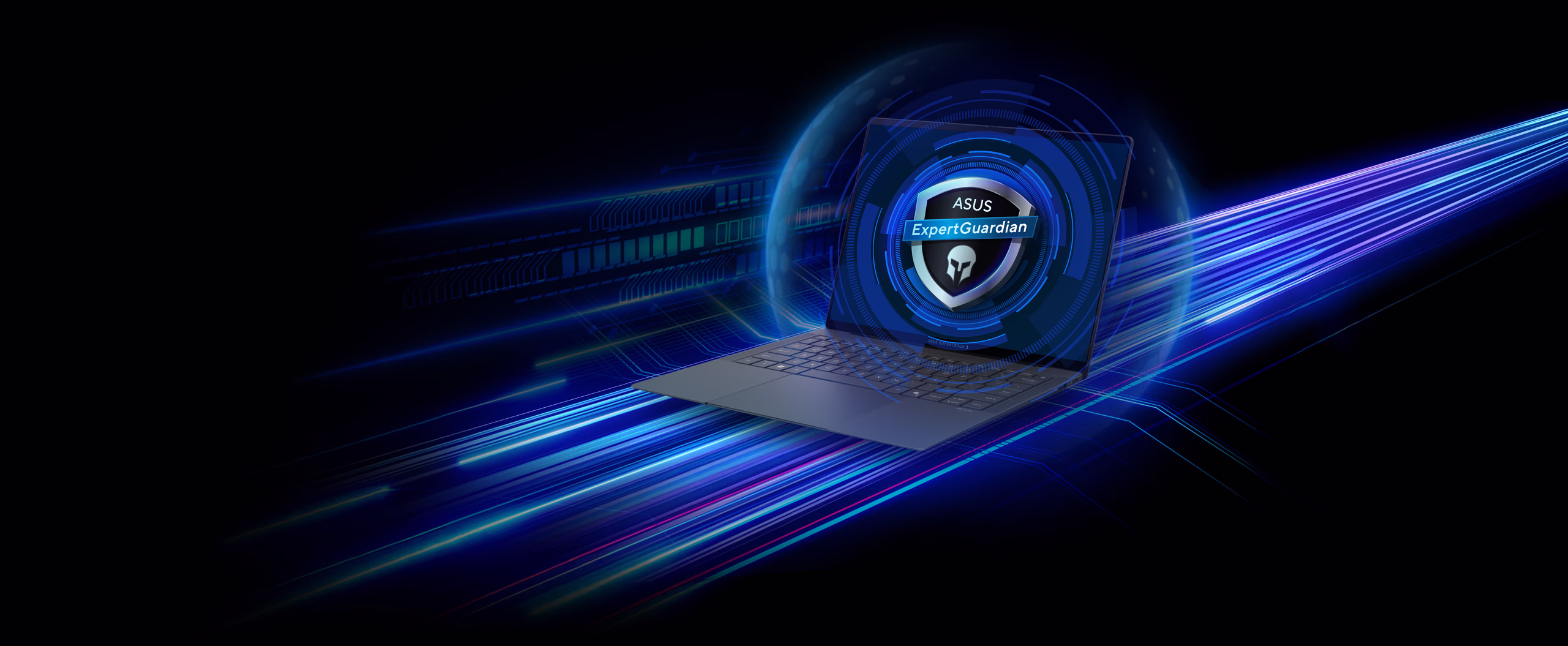ASUS ExpertGuardian 徽标从华硕 ExpertBook Ultra 正视图中弹出，周围环绕着象征强大保护的多重圆圈。
