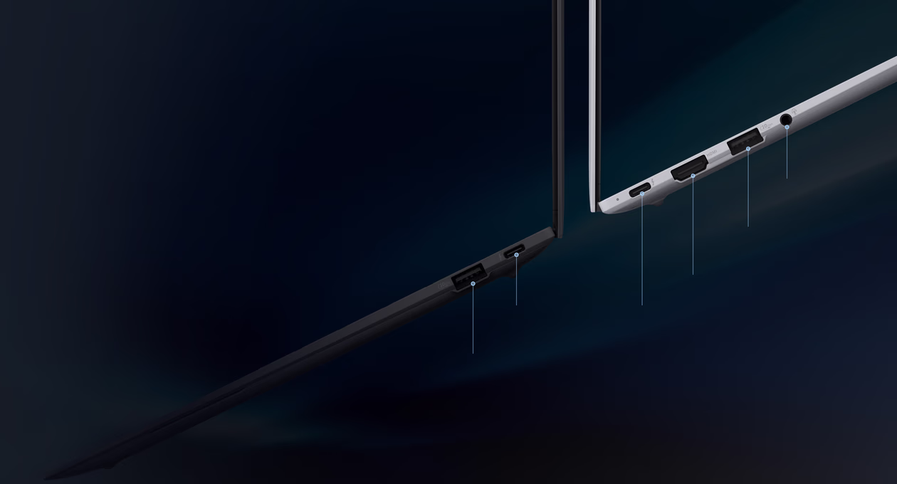 华硕 ExpertBook Ultra 展示双侧 I/O 端口，包括 2 个 USB3.2 Gen2 Type-A、2 个 Thunderbolt™ 4 Type-C、HDMI 2.1 TMDS 和音频组合插孔。