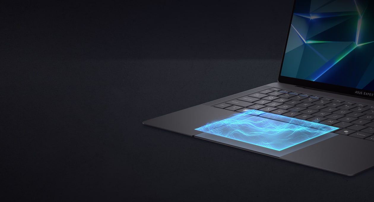 ASUS ExpertBook Ultra 右侧视图，突显触控板在任何表面上的精准响应反馈。