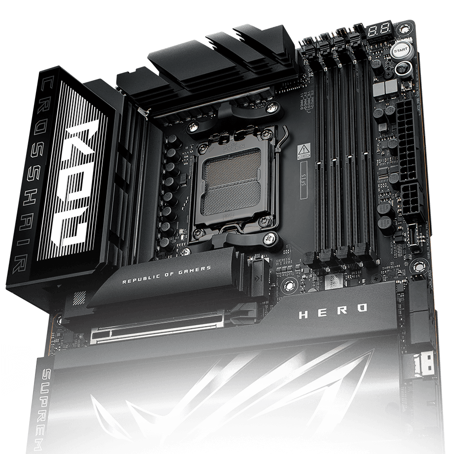 The ROG CROSSHAIR X870E HERO features Aura Sync.