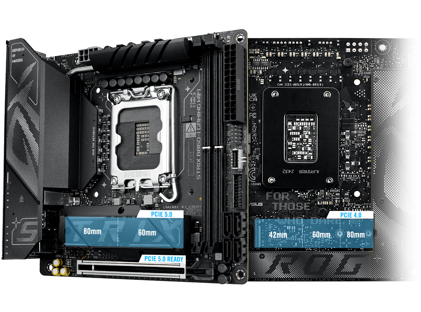 The Strix  B860-I PCIe 5.0 M.2 and expansion slot layout