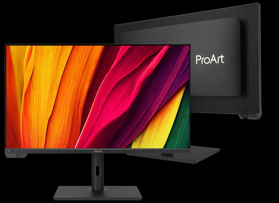 ProArt Display PA32UCXR的前后视图，显示一幅色彩鲜艳的图像