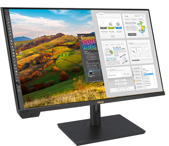 ProArt Display PA32UCXR展示分屏查看，左侧用于照片编辑，右侧显示网页浏览器
