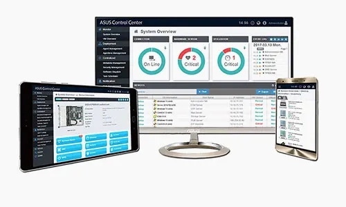 平板电脑、显示器和智能手机，均显示 ASUS Control Center 界面。