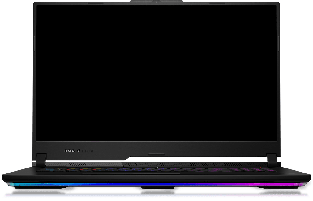 Front view of the SCAR 17, with a game on screen and RGB illuminated.