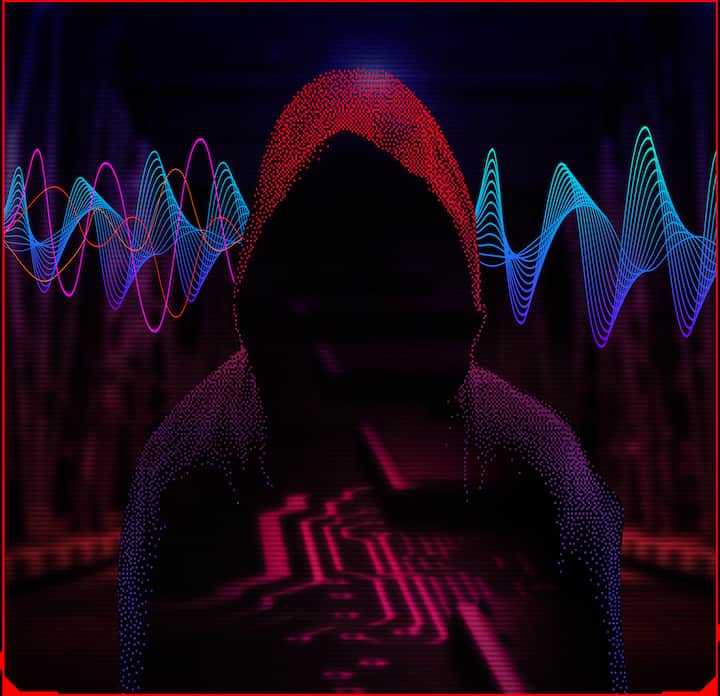 Hooded translucent figure surrounded by sound waves.