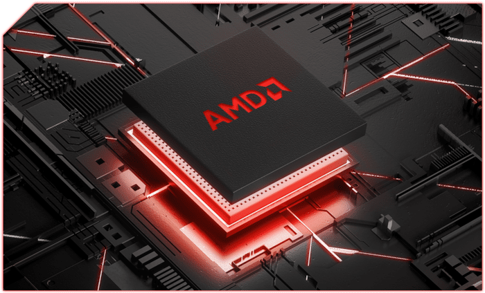 Stylized 3D rendering of a CPU with AMD Ryzen branding slotting into the machine.