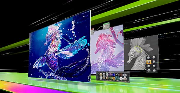 Image of a seahorse with 3D creation software, on three panels showing the various stages of modeling and coloring.