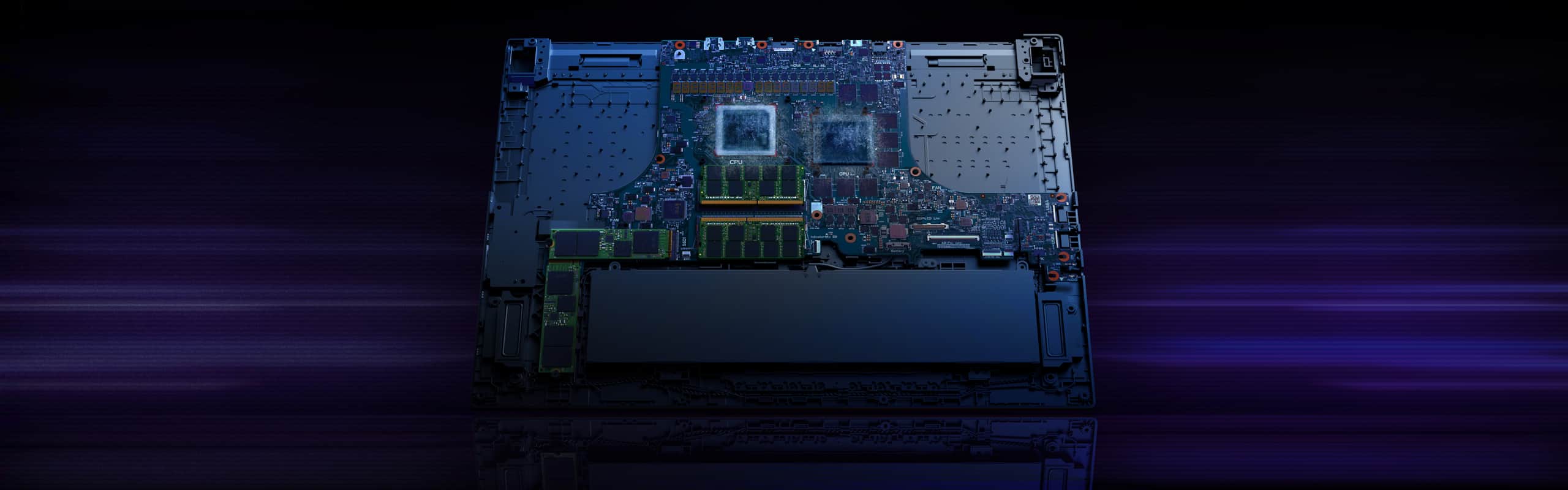 Cutaway of the motherboard with the cooling solution removed, showing the bare CPU, GPU, and I/O dies among other hardware, with thermal compound on the exposed side.