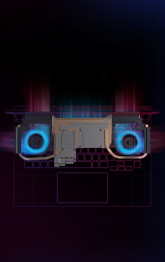 X-ray view of the SCAR 17’s cooling solution with airflow patterns over a 2D wireframe Scar 17.