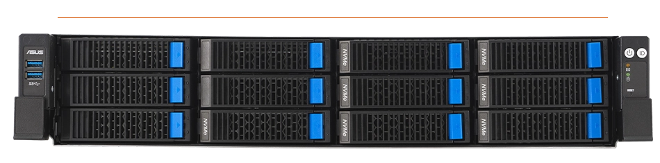 the server’s front panel layout with 4 x 3.5” drive bays supporting NVMe, SATA, and SAS (with SAS requiring an optional RAID card), along with a power/location button, LED indicators, and 2 x USB 3.2 Gen1 ports.