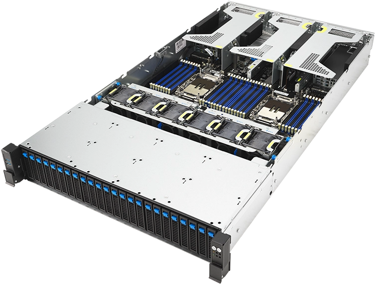 服务器机箱的内部视图，显示 CPU 插槽、RAM 插槽和 PCIe 插槽等组件的布局