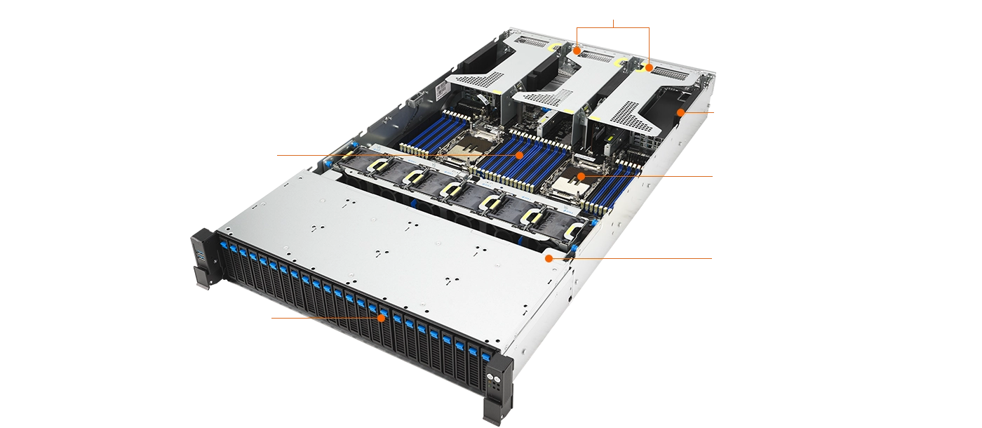 服务器机箱的内部视图，显示 CPU 插槽、RAM 插槽和 PCIe 插槽等组件的布局
