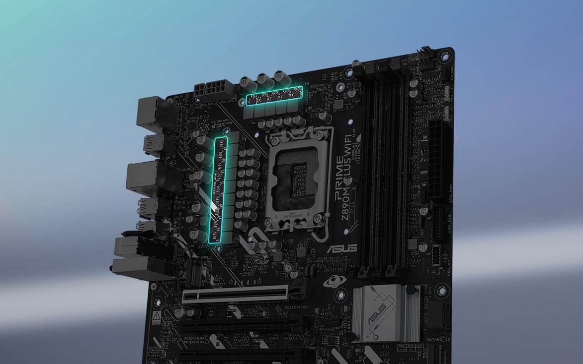 Angled top-down view of PRIME Z890M-PLUS WIFI motherboard. 