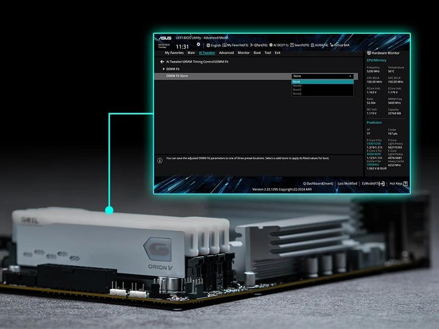 Graphic marking the location of DIMMs and showing the UI of the feature DIMM Fit. 