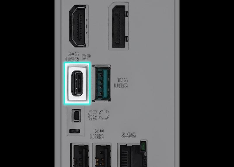 I/O ports highlighting USB 20Gbps port with DP Alt Mode