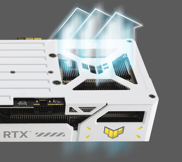 图示气流如何通过 TUF Gaming RTX 5070 Ti BTF 白色版的通风外骨骼