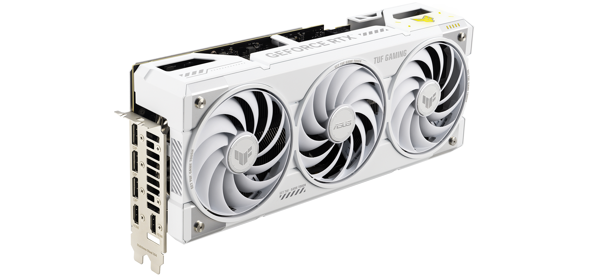 TUF Gaming GeForce RTX 5070 Ti BTF 白色版正面斜视图，显示三风扇和 ARGB 灯光