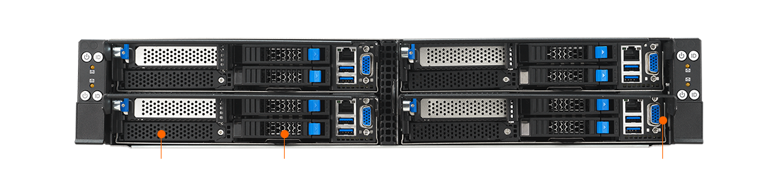 华硕 RS520QA-E13 服务器前面板视图，标有 PCIe Gen5 插槽、OCP 3.0、2.5'' 硬盘托架、USB、LAN 和 VGA 接口。