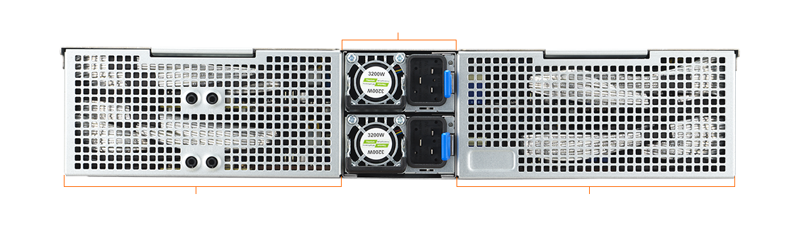 华硕 RS520QA-E13 后面板视图，显示双 3200W CRPS 装置、80 毫米系统风扇和每个节点可选的双 CXL 模块。