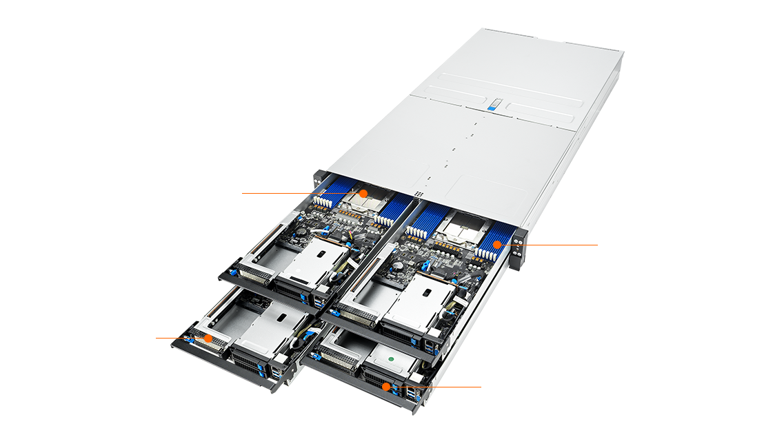 华硕 RS520QA-E13 的正面内部布局，显示配备 AMD EPYC 9005 处理器的双节点、DDR5 DIMM、PCIe 插槽和 2.5'' 托架。