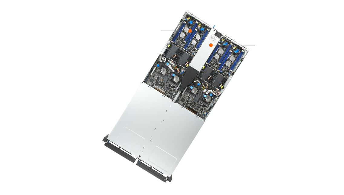 华硕 RS520QA-E13 后部内部视图，突出显示 CXL 模块、每个节点 8 个 DDR5 DIMM 和双 3200W 80 PLUS Titanium PSU。