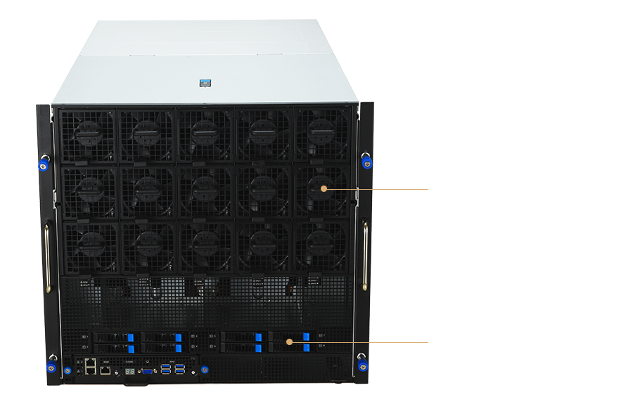 NVIDIA Blackwell HGX B200 服务器前视图，显示包含 8 个 GPU、NIC 插槽的系统配置，并标示气流方向，说明硬件可维修性和散热路径。