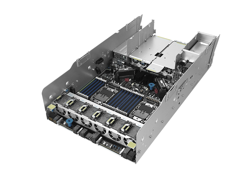 显示优化散热设计的动画。双 GPU 和 CPU 服务器模块的俯视图，带有红色散热器，突显了从前到后的优化热流的热气排出路径。