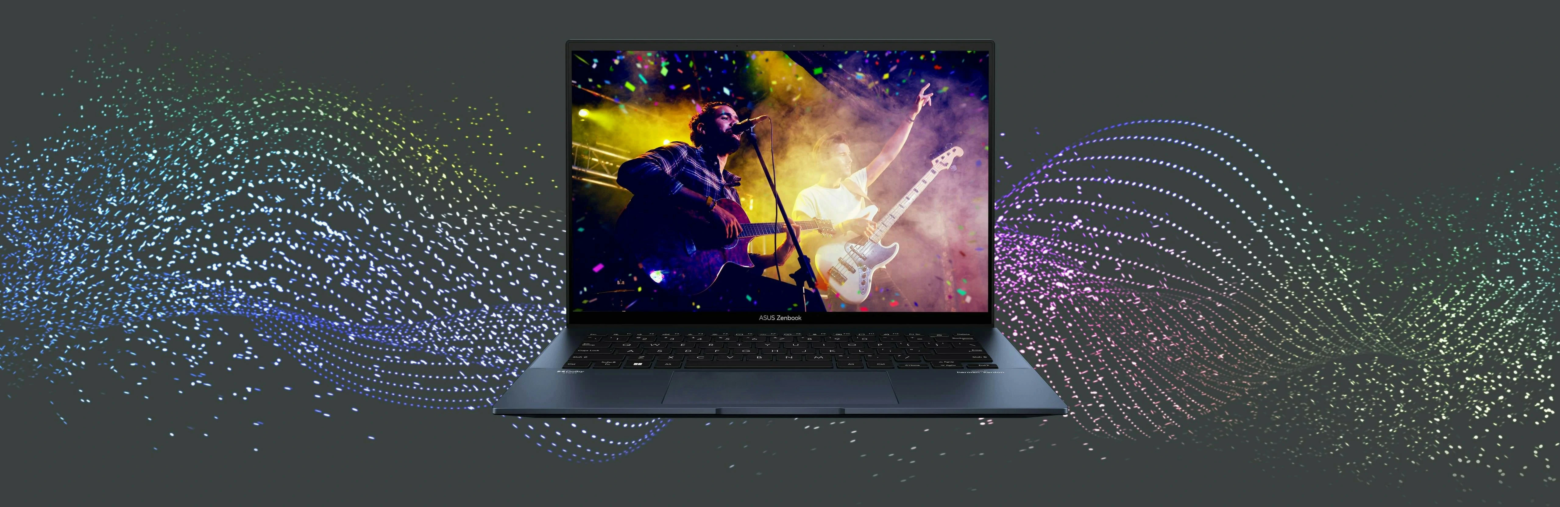 Zenbook 14 OLED 画面上呈现音乐表演者的图片。笔电周围环绕着五颜六色的声波。