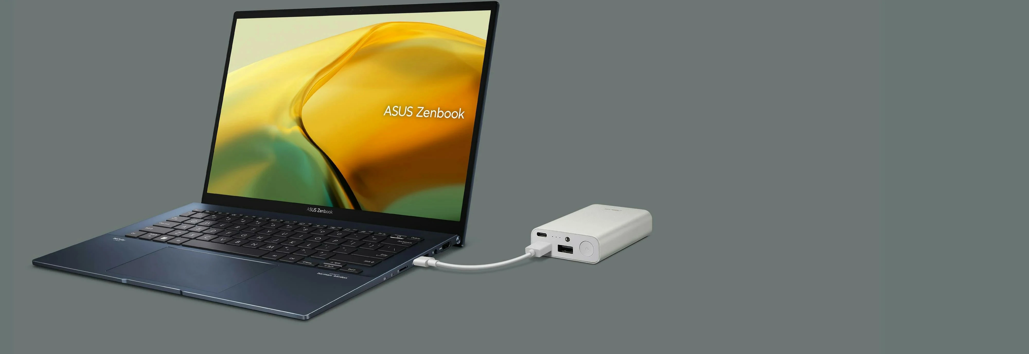 Zenbook 14 OLED in Ponder Blue charging via USB from a black power bank.