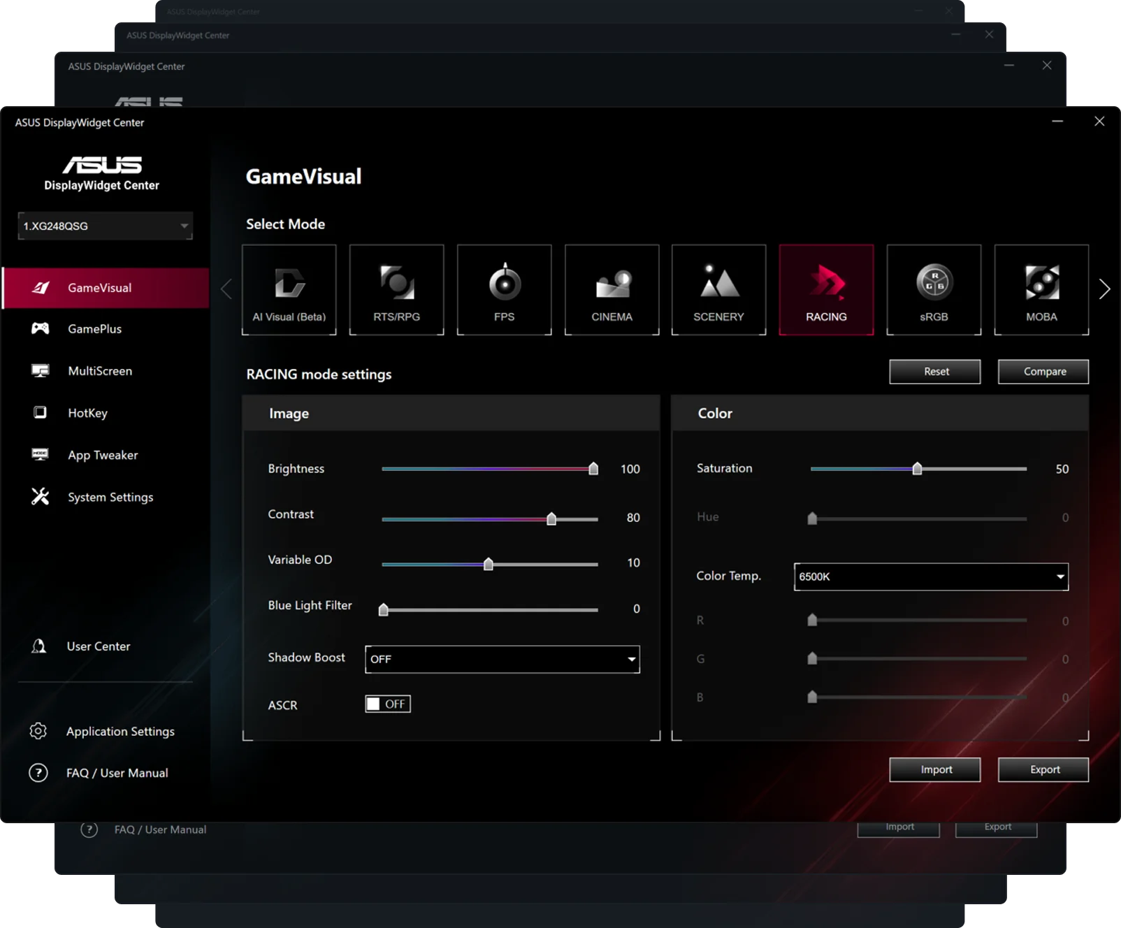 A screenshot of the new ASUS DisplayWidget Center UI showing system settings, OLED functions, and more.