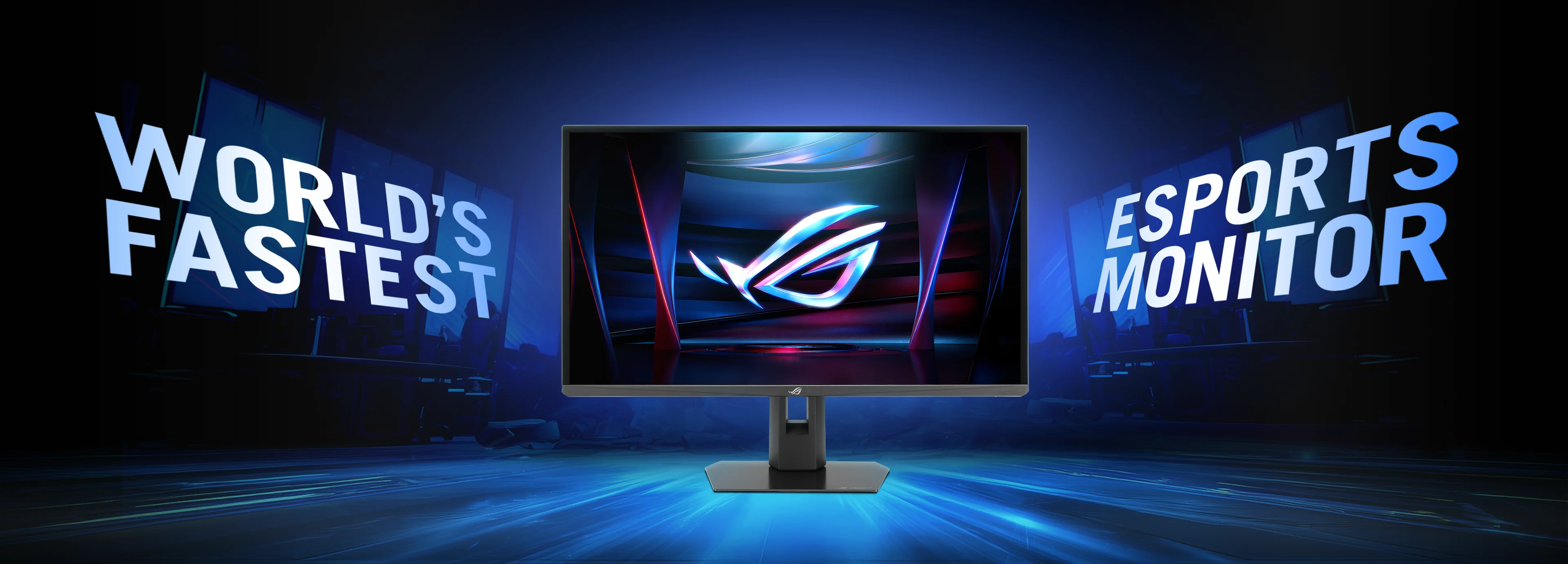 Front view of an ROG STRIX XG248QSG ACE monitor with the ROG logo on screen, surrounded by bold text reading 'WORLD’S FASTEST ESPORTS MONITOR' in a dark, competitive gaming arena background.