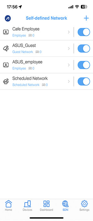 ASUS ExpertWiFi App 上的具有多个 SSID 的自定义网络的用户接口。